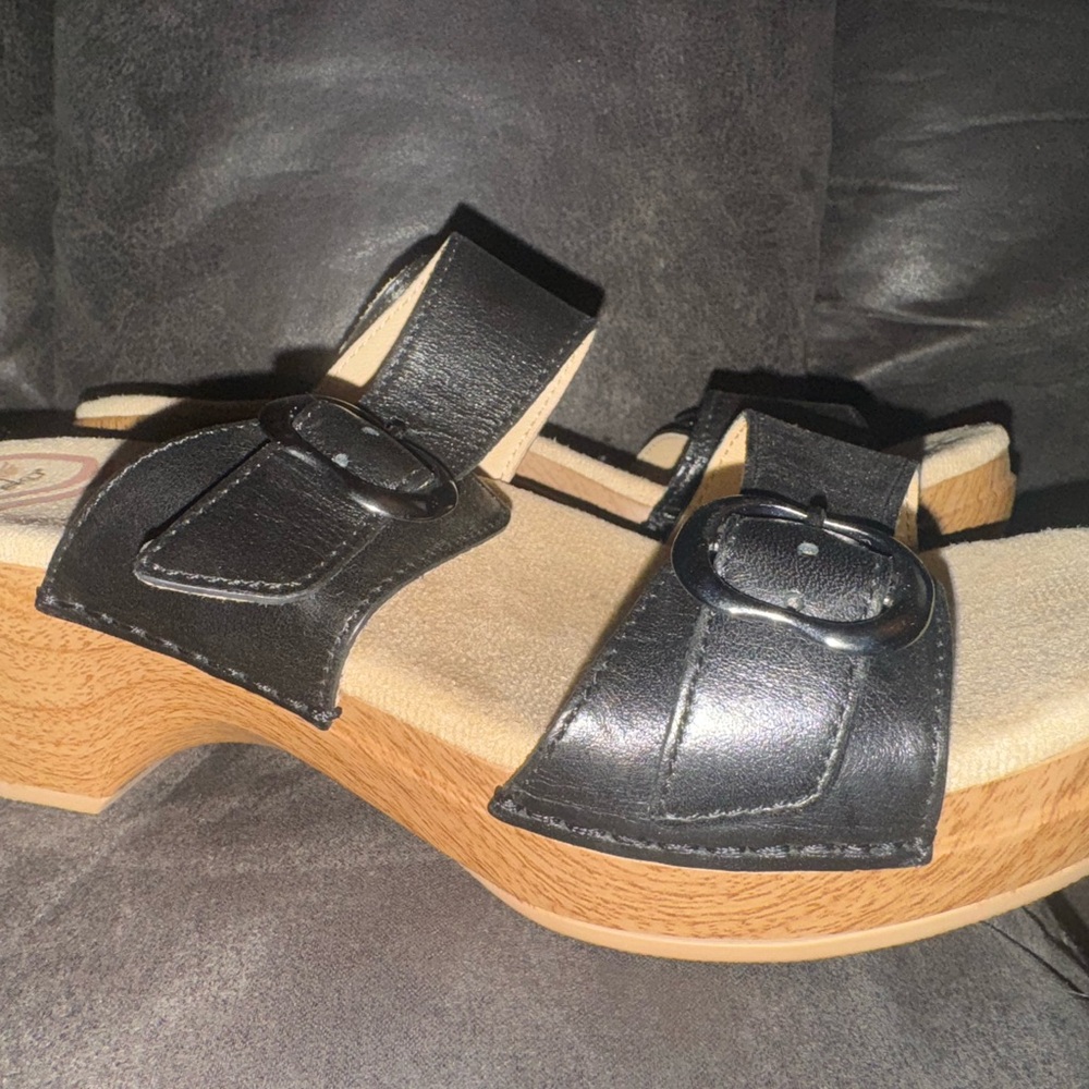 Dansko Black Leather Mules with Wooden Sole